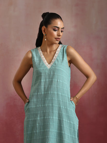trueBrowns Aqua Blue Cotton Dobby High low Kurta Set