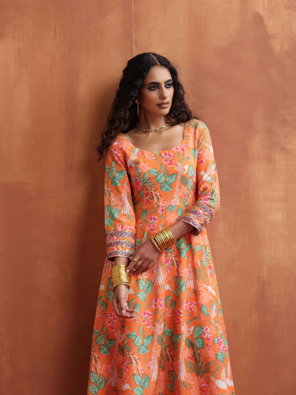 trueBrowns Orange Print Flared Anarkali Kurta Set