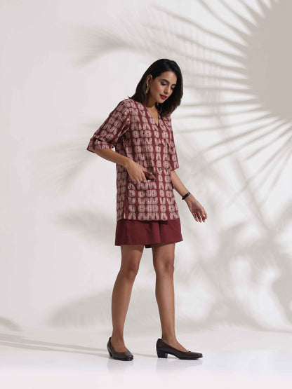 trueBrowns Brown Cotton Print Jacket Top & Short Co-ord Set