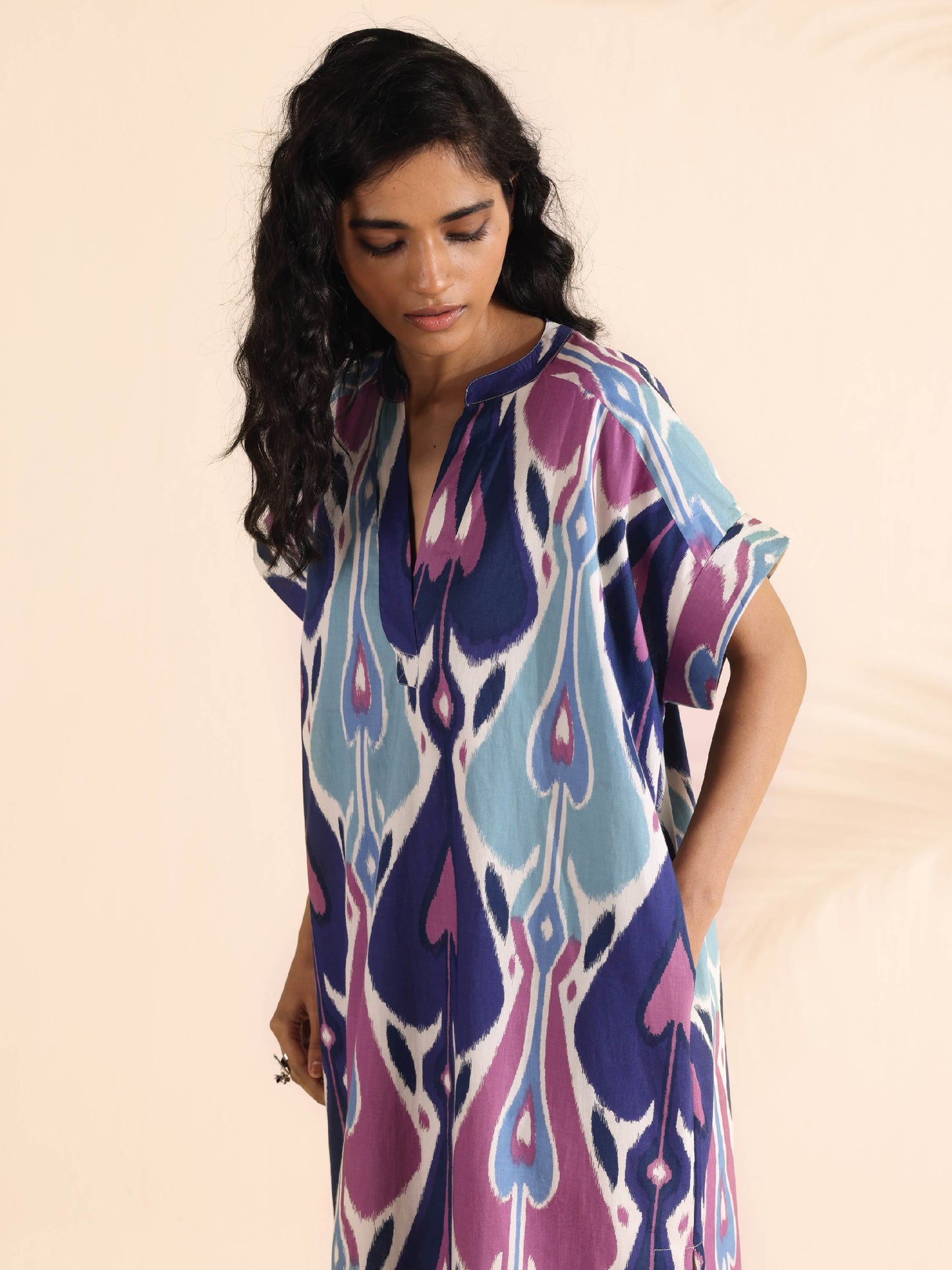 trueBrowns Blue Cotton Ikat Oversized Dress