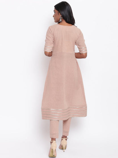 Pure Cotton Beige Gota Slit Kurta Set - trueBrowns