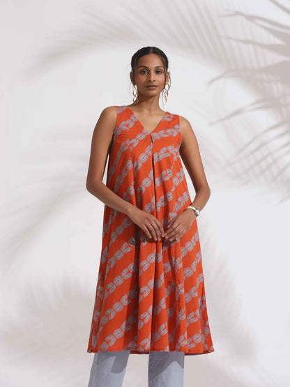 trueBrowns Orange Cotton Print Sleeveless Kurta Set