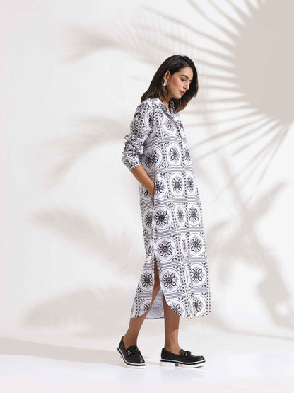 trueBrowns White Cotton Print Shirt Dress