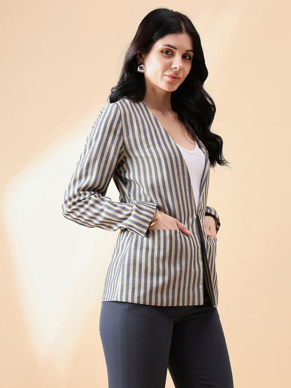 Stripe Poly Linen Blazer - Navy and Beige