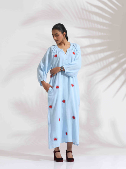 trueBrowns Blue Cotton Embroidered Dress
