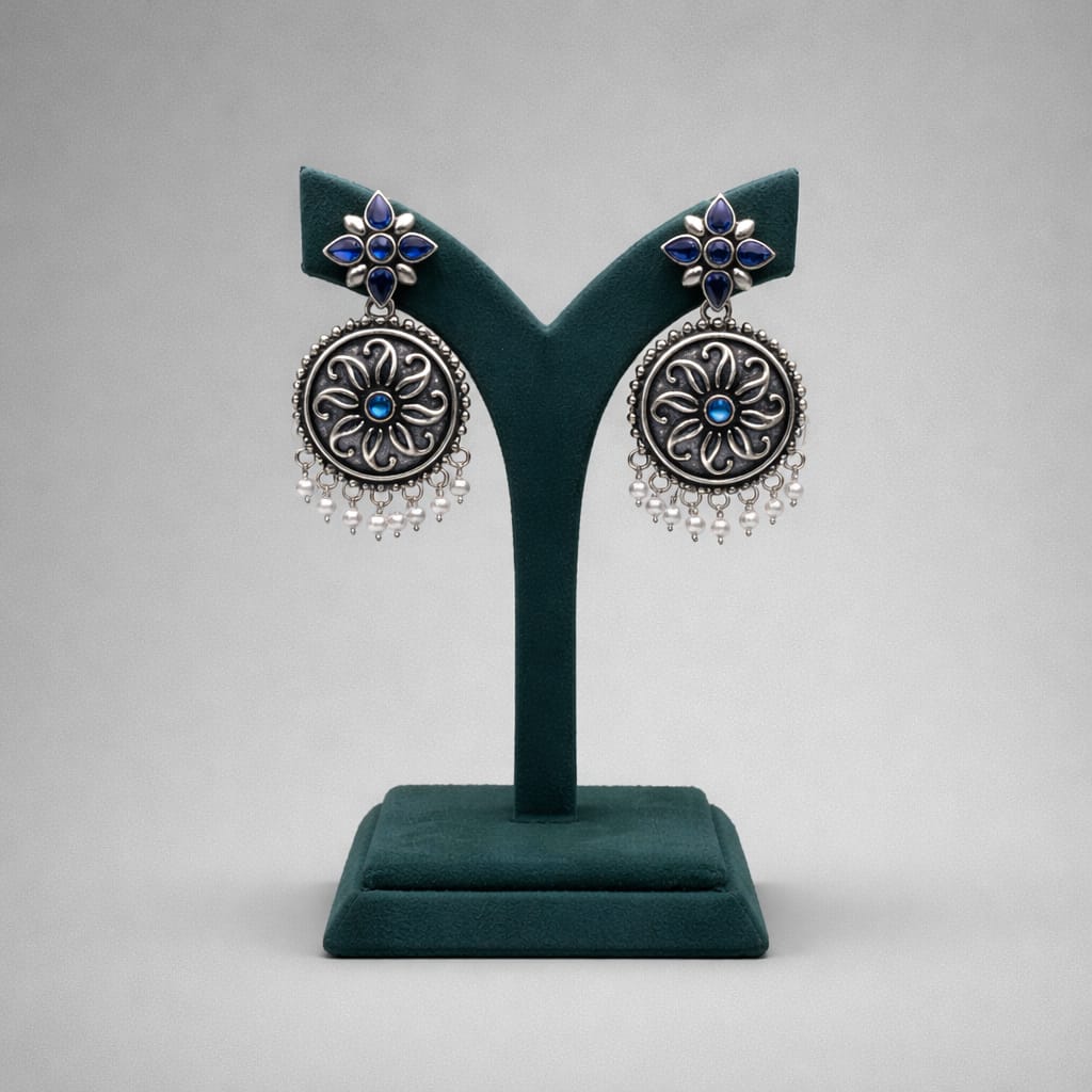 Oxidized Metal Blue Floral Drop Earrings with Pearl Dangles LP- 48Hr Delivery