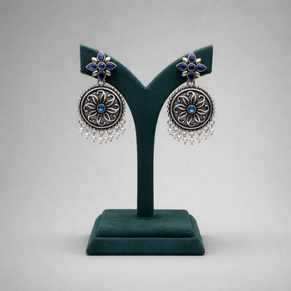 Oxidized Metal Blue Floral Drop Earrings with Pearl Dangles LP- 48Hr Delivery