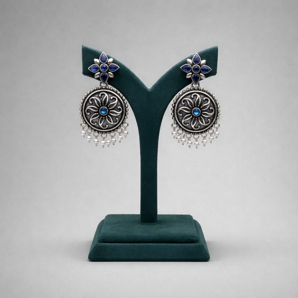 Oxidized Metal Blue Floral Drop Earrings with Pearl Dangles LP- 48Hr Delivery