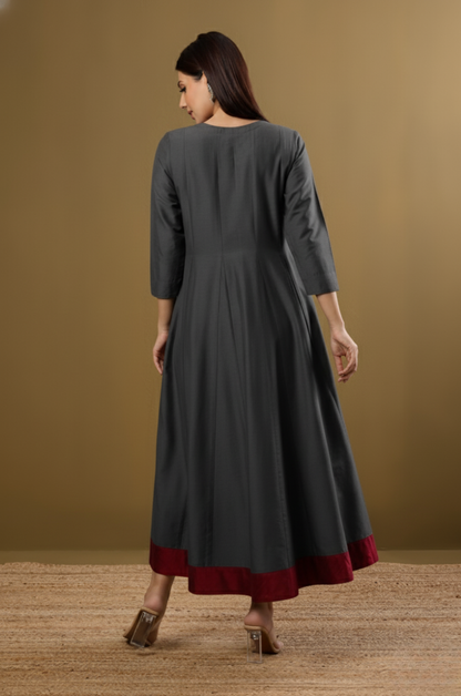 Garnet Grey Luxe Silk Slub Long Maxi Dress With Sleeves