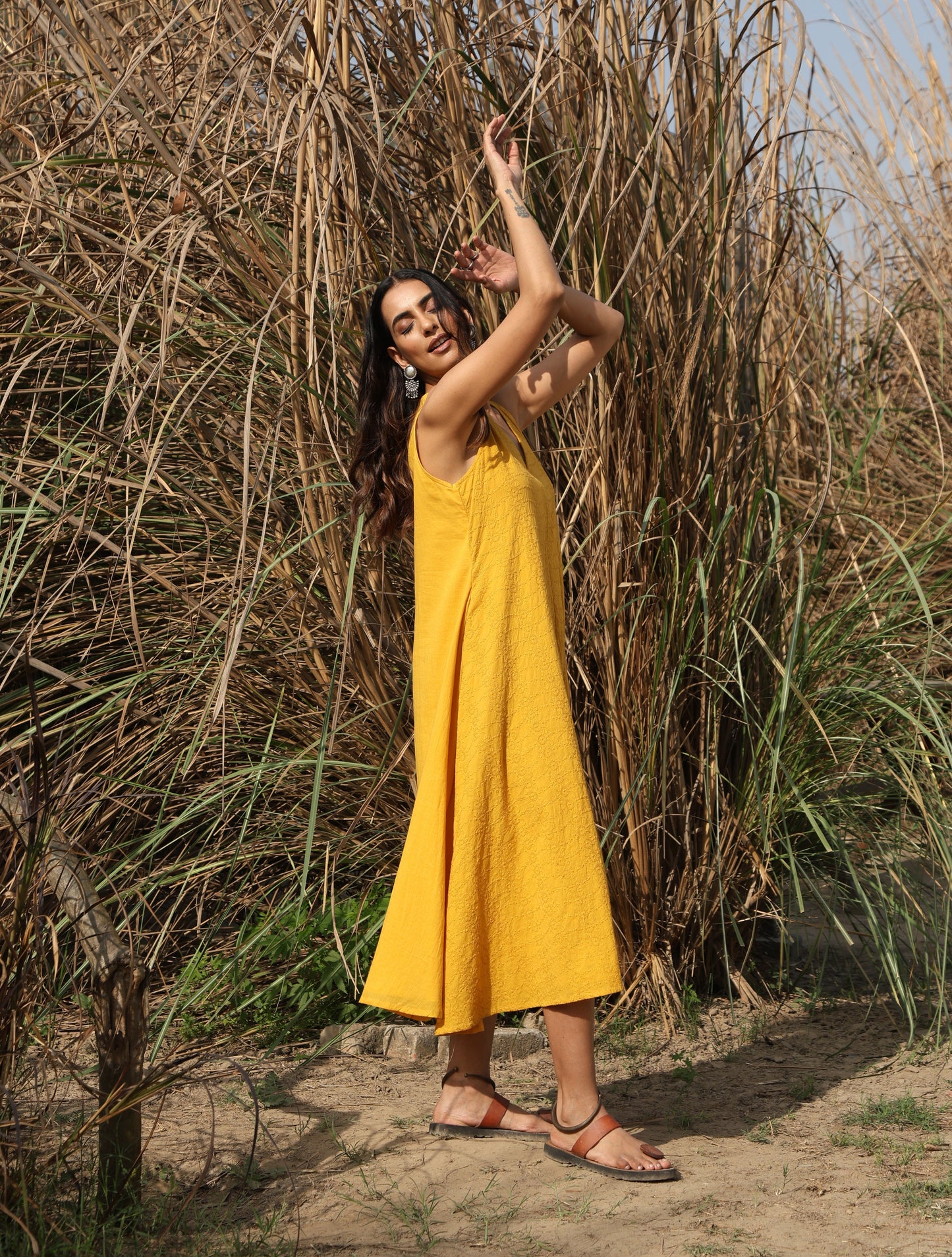 trueBrowns Mustard Cotton Embroidered Flared Dress
