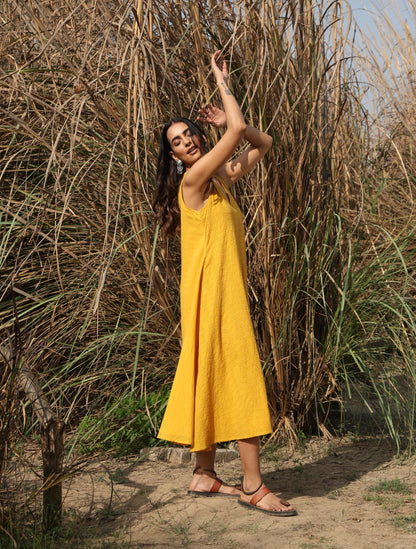 trueBrowns Mustard Cotton Embroidered Flared Dress