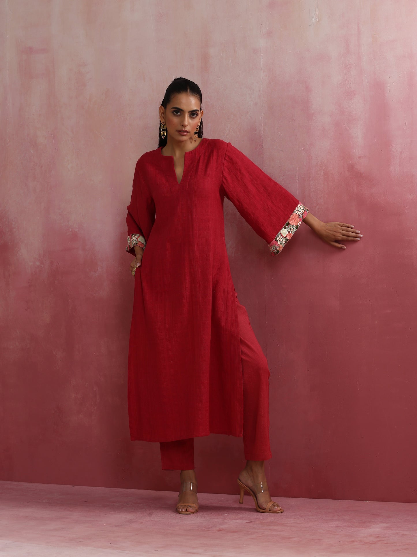 trueBrowns Red Straight Cotton Dobby Kurta Set