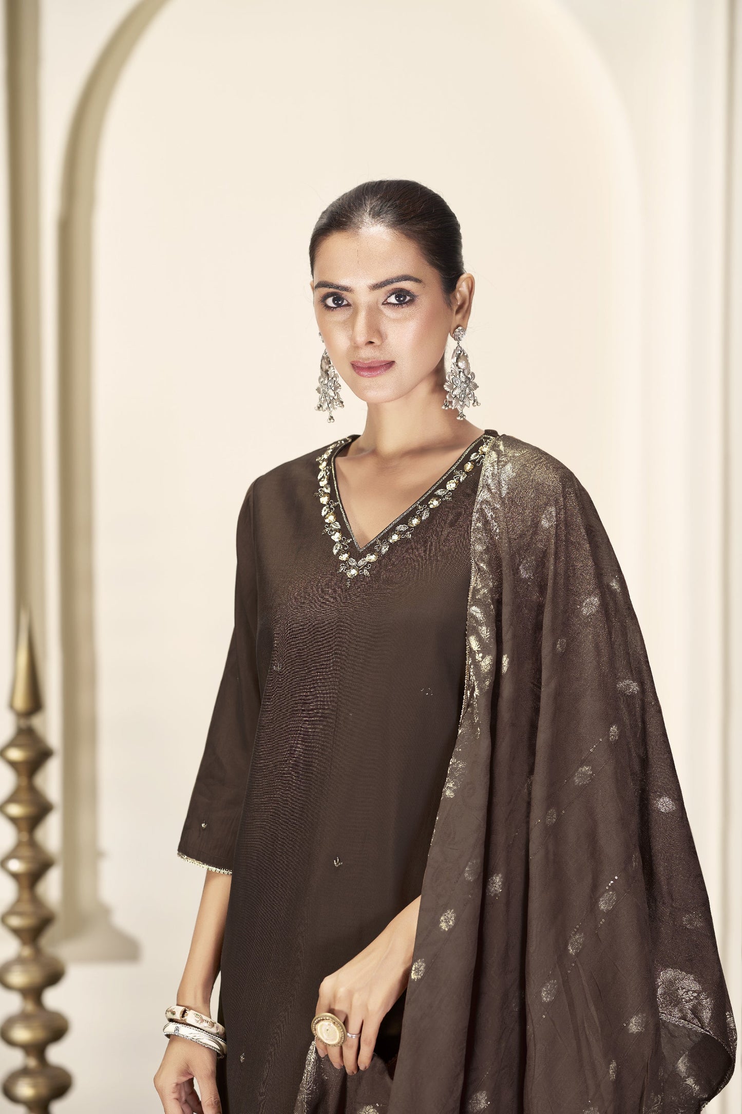 Brown Silk Kurta,Pant and Dupatta 3PCS Set - LP