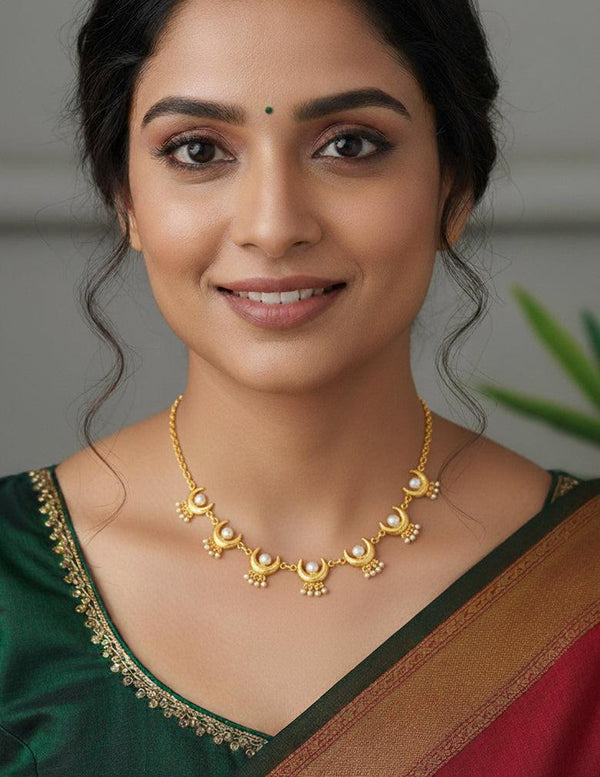 Gold Tone Pearl with Half Moon Necklace