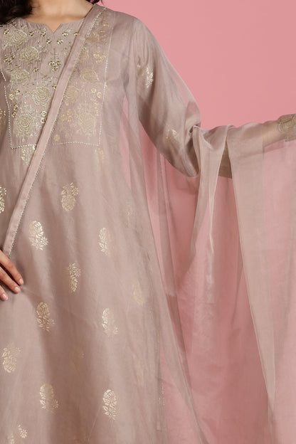 Mocha Mousse Modal Chanderi Embroidered Kurta,Pant and Chiffon Dupatta 3 PCS Set-LP