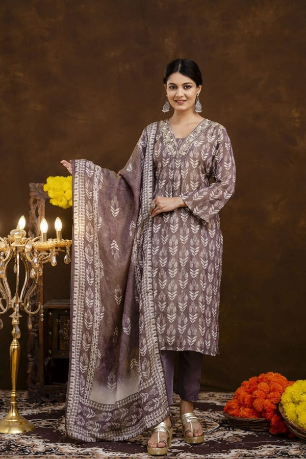 Printed Kurta 3PC set -Smoky Taupe LP