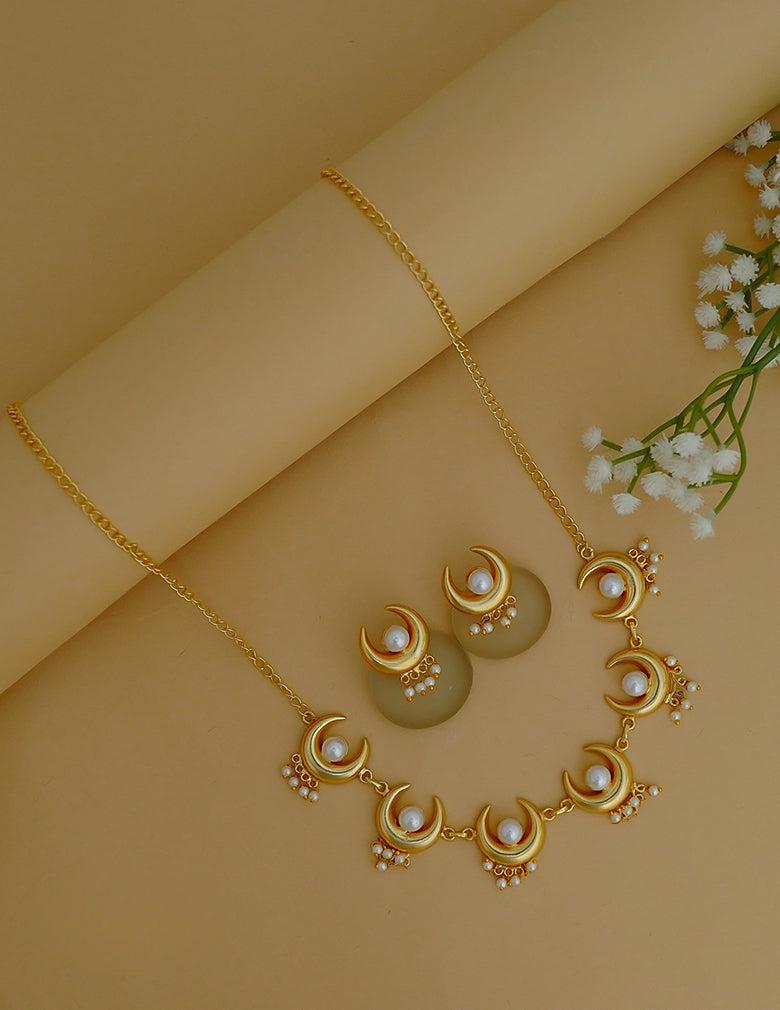 Pearl with Half Moon Necklace Earrings Set