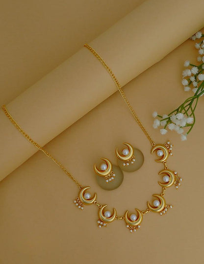 Pearl with Half Moon Necklace Earrings Set