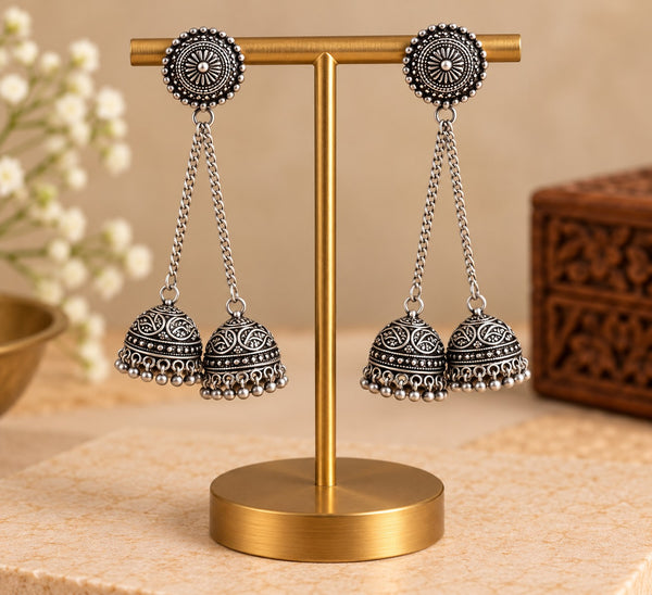 Oxidized Metal Round Stud Jhumka Earrings with Double Dome Drops LP- 48Hr Delivery