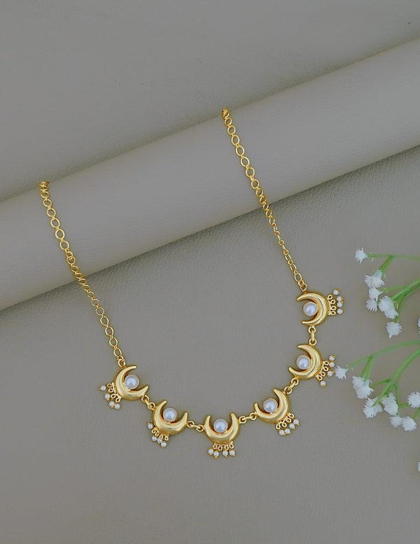 Gold Tone Pearl with Half Moon Necklace