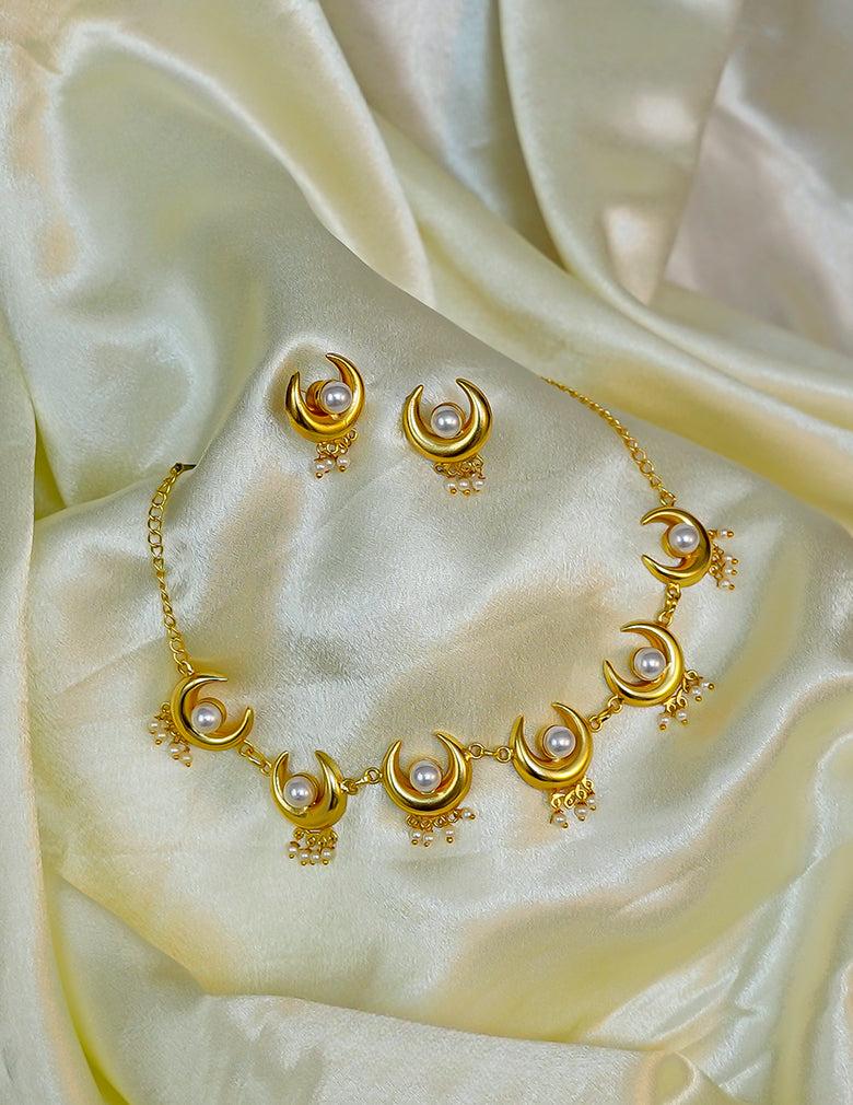Pearl with Half Moon Necklace Earrings Set
