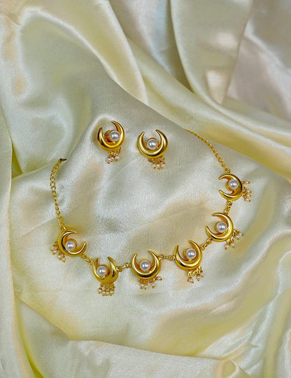 Pearl with Half Moon Necklace Earrings Set