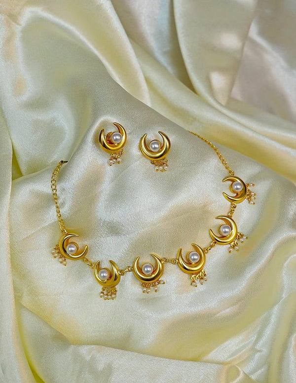 Pearl with Half Moon Necklace Earrings Set