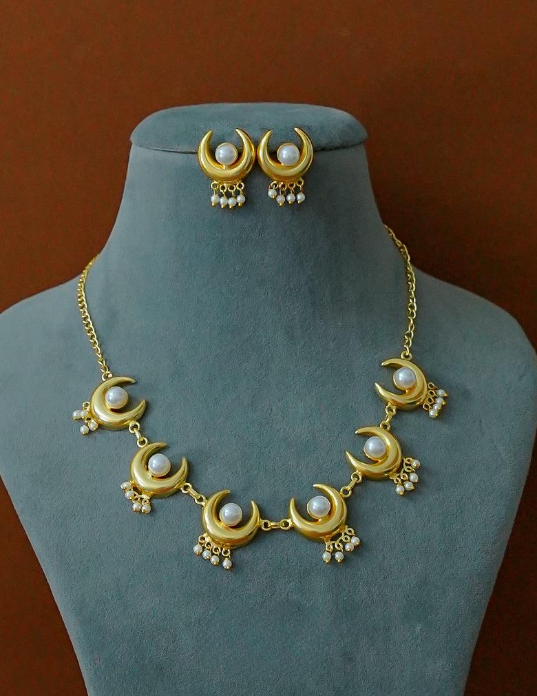 Pearl with Half Moon Necklace Earrings Set