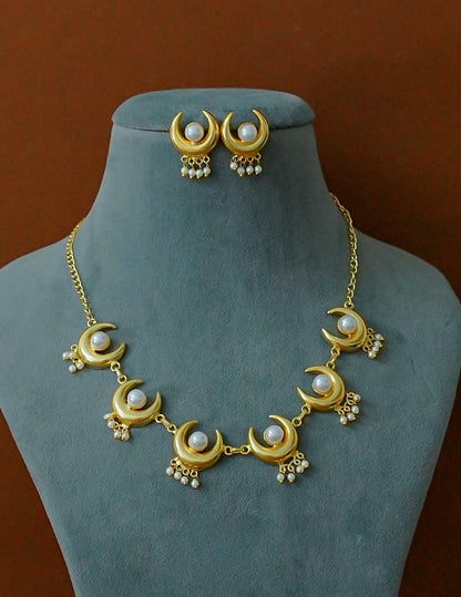 Pearl with Half Moon Necklace Earrings Set