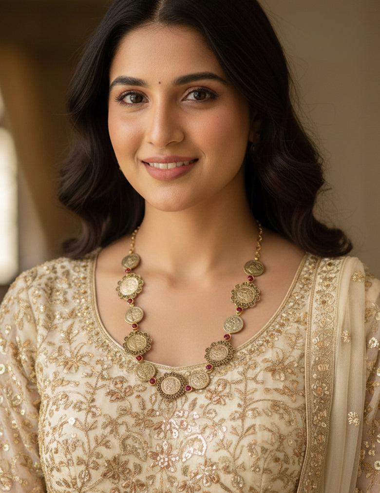 Gold Plated Kemp Stone with Antique Traditional Kaashu Lakshmi Necklace