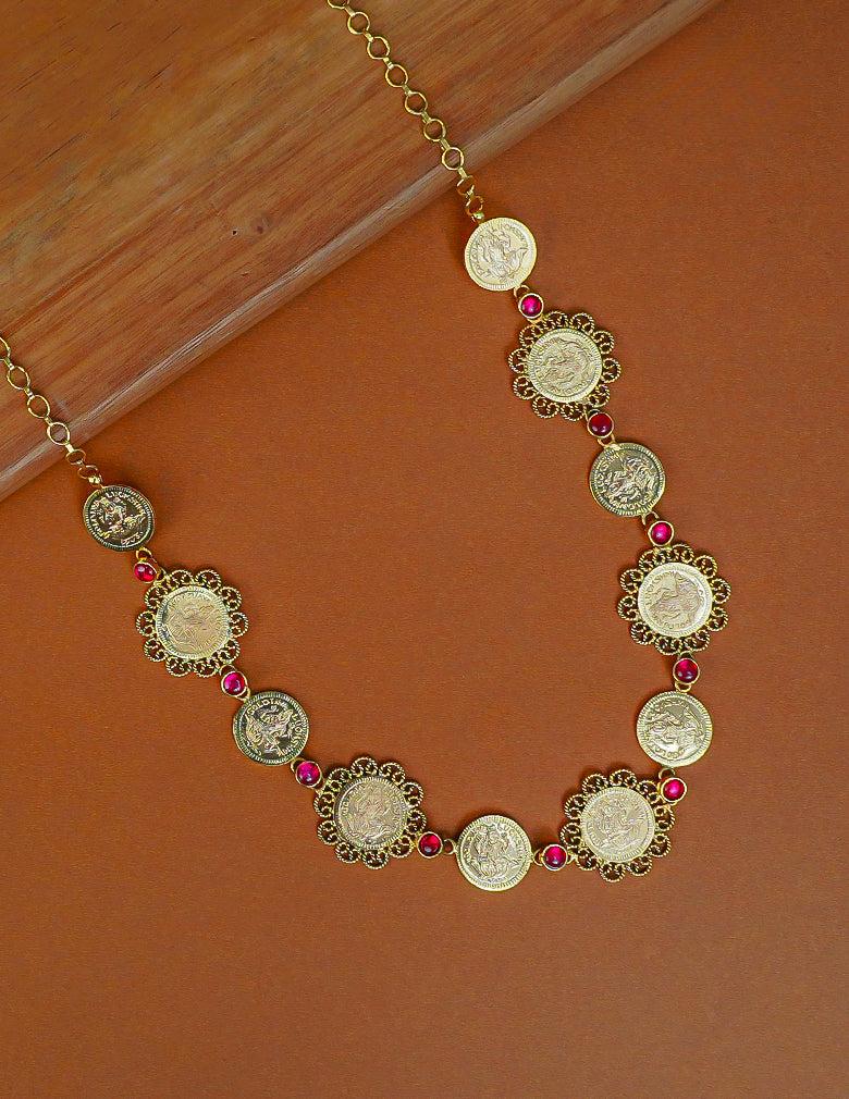 Gold Plated Kemp Stone with Antique Traditional Kaashu Lakshmi Necklace