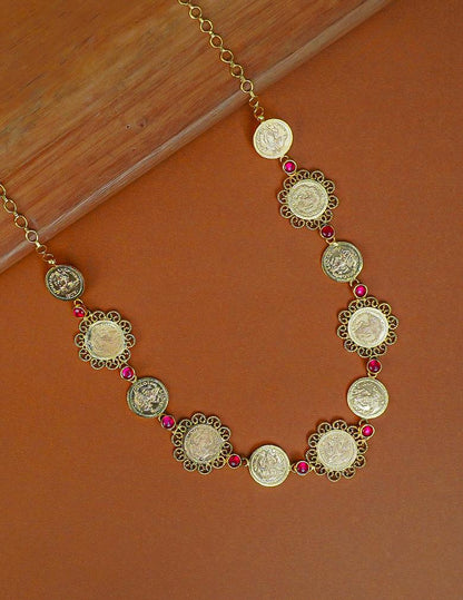 Gold Plated Kemp Stone with Antique Traditional Kaashu Lakshmi Necklace