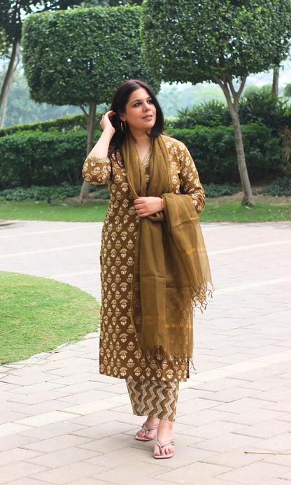 Baareeki Cotton Earthy Brown Block Printed Suit Set with Kota Doria Dupatta