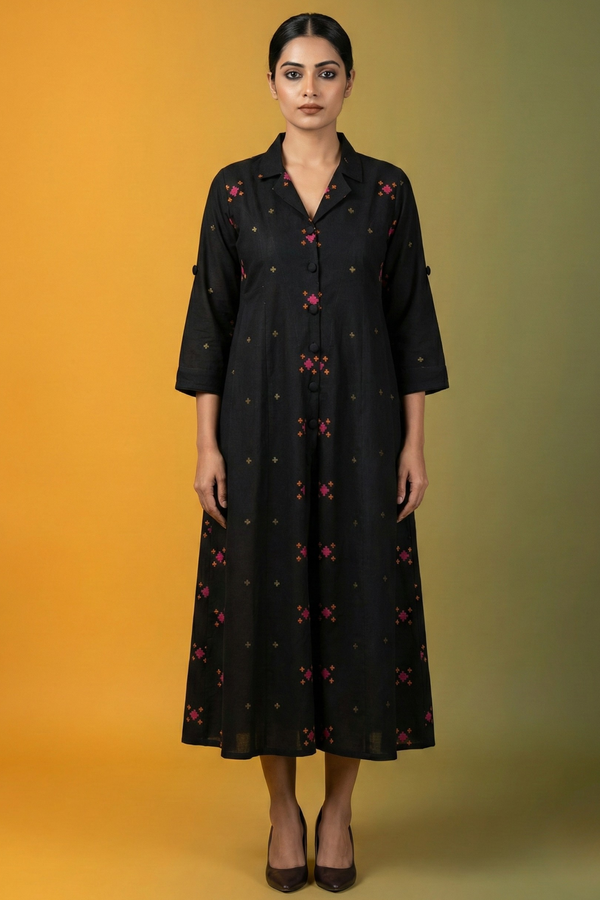 Midnight Saffron Butta Cotton Jumpsuit with Pockets & Collar