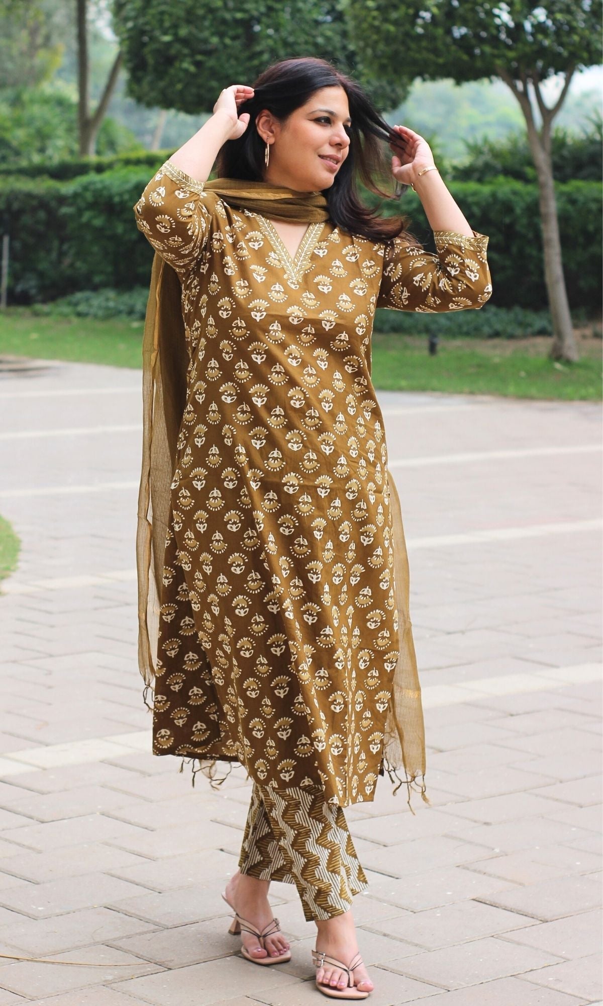 Baareeki Cotton Earthy Brown Block Printed Suit Set with Kota Doria Dupatta