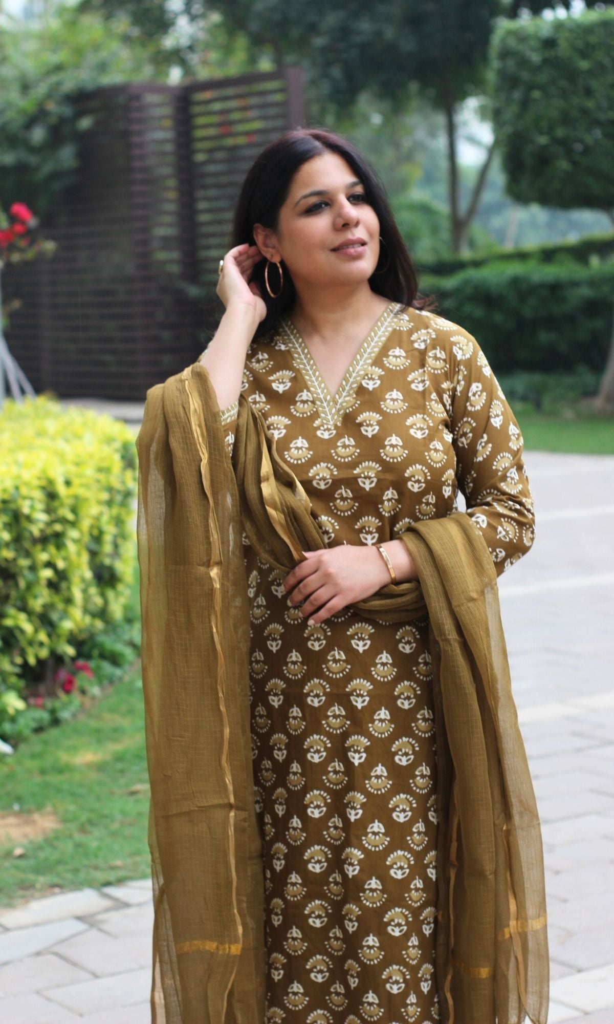 Baareeki Cotton Earthy Brown Block Printed Suit Set with Kota Doria Dupatta