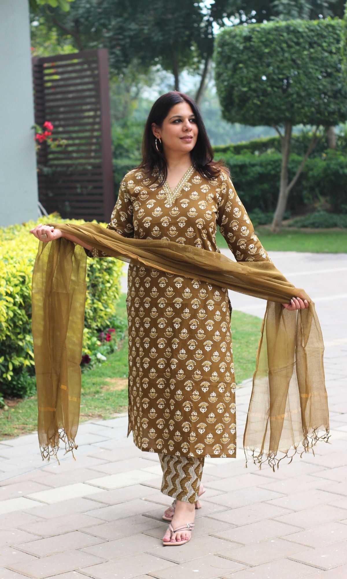 Baareeki Cotton Earthy Brown Block Printed Suit Set with Kota Doria Dupatta