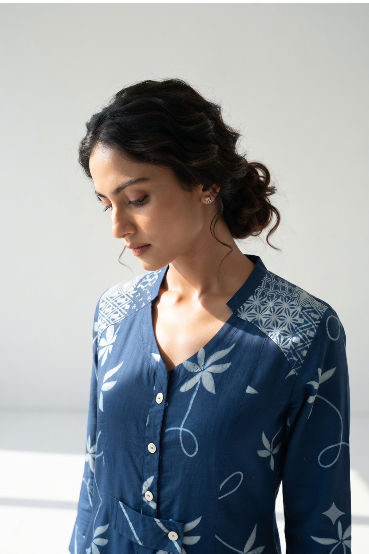 Indigo Vine Trail Cotton Long Button Down Dress