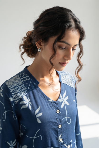 Indigo Vine Trail Cotton Long Button Down Dress
