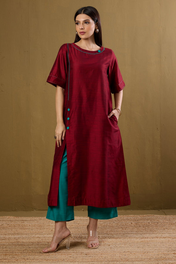 Maati Craft Co-ord Set Ceremonial Maroon Side Silk Slub Button Adjustable Slit Kurta & Pants