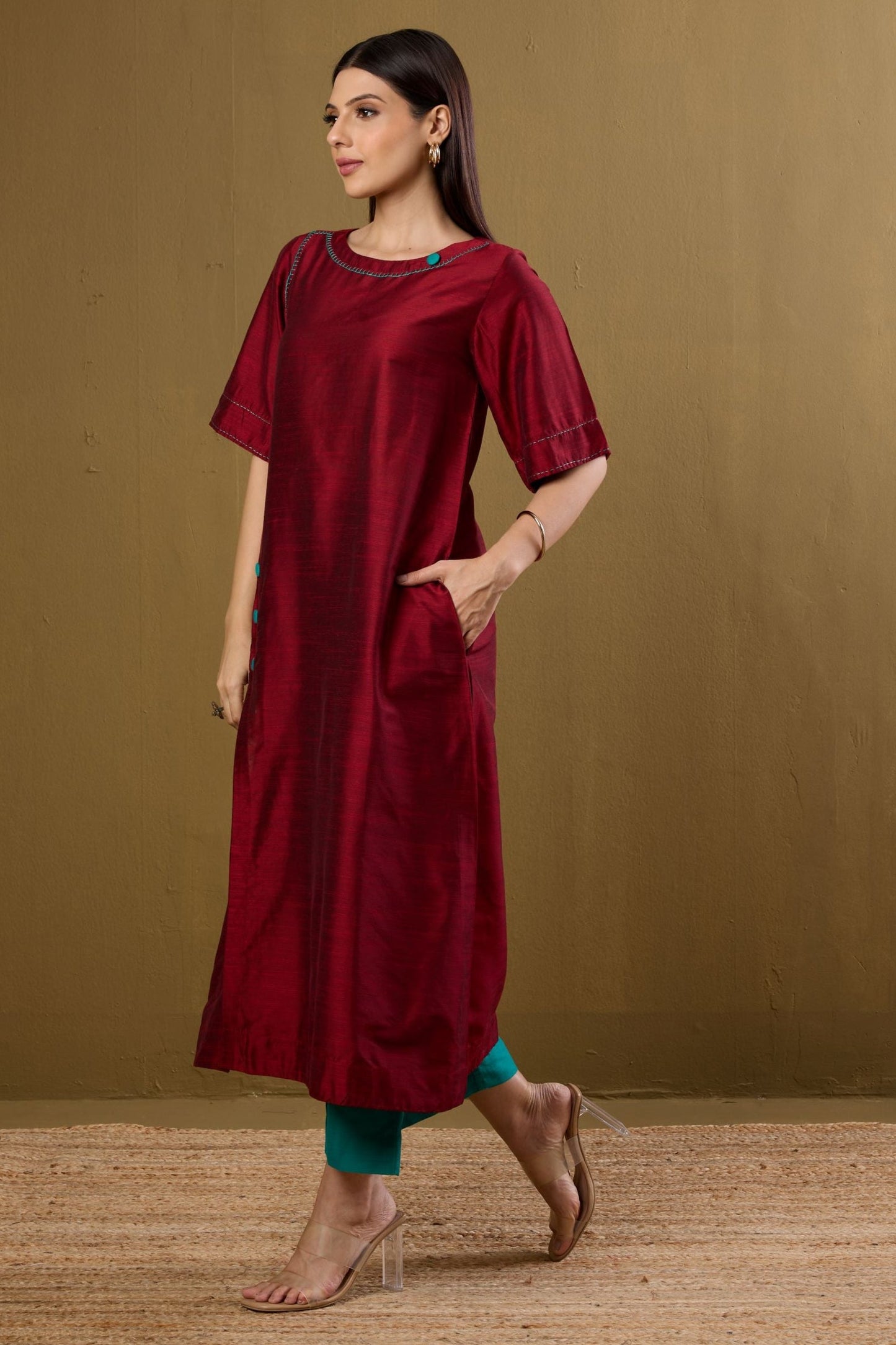 Maati Craft Co-ord Set Ceremonial Maroon Side Silk Slub Button Adjustable Slit Kurta & Pants