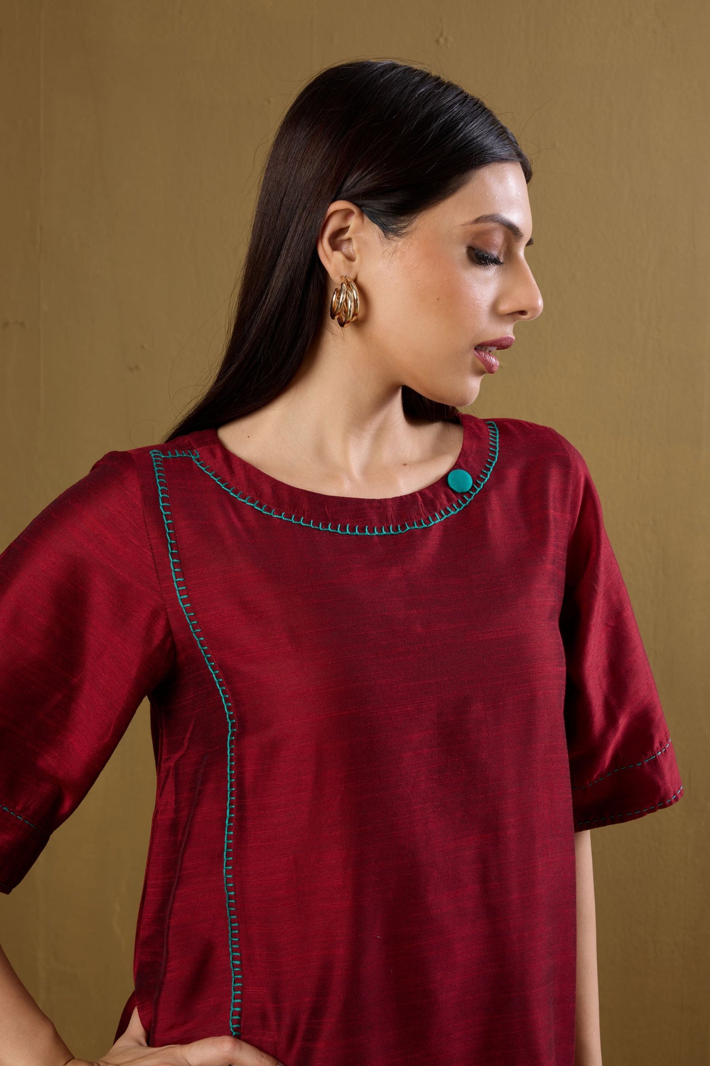 Maati Craft Co-ord Set Ceremonial Maroon Side Silk Slub Button Adjustable Slit Kurta & Pants