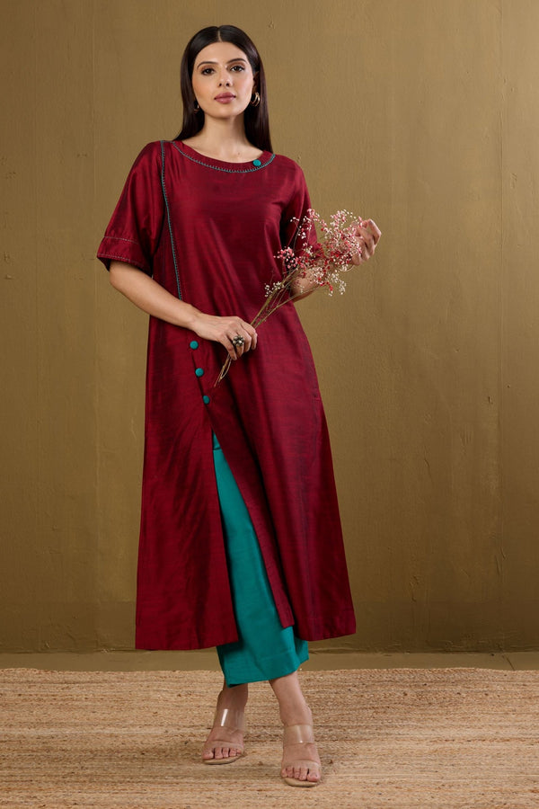 Maati Craft Co-ord Set Ceremonial Maroon Side Silk Slub Button Adjustable Slit Kurta & Pants