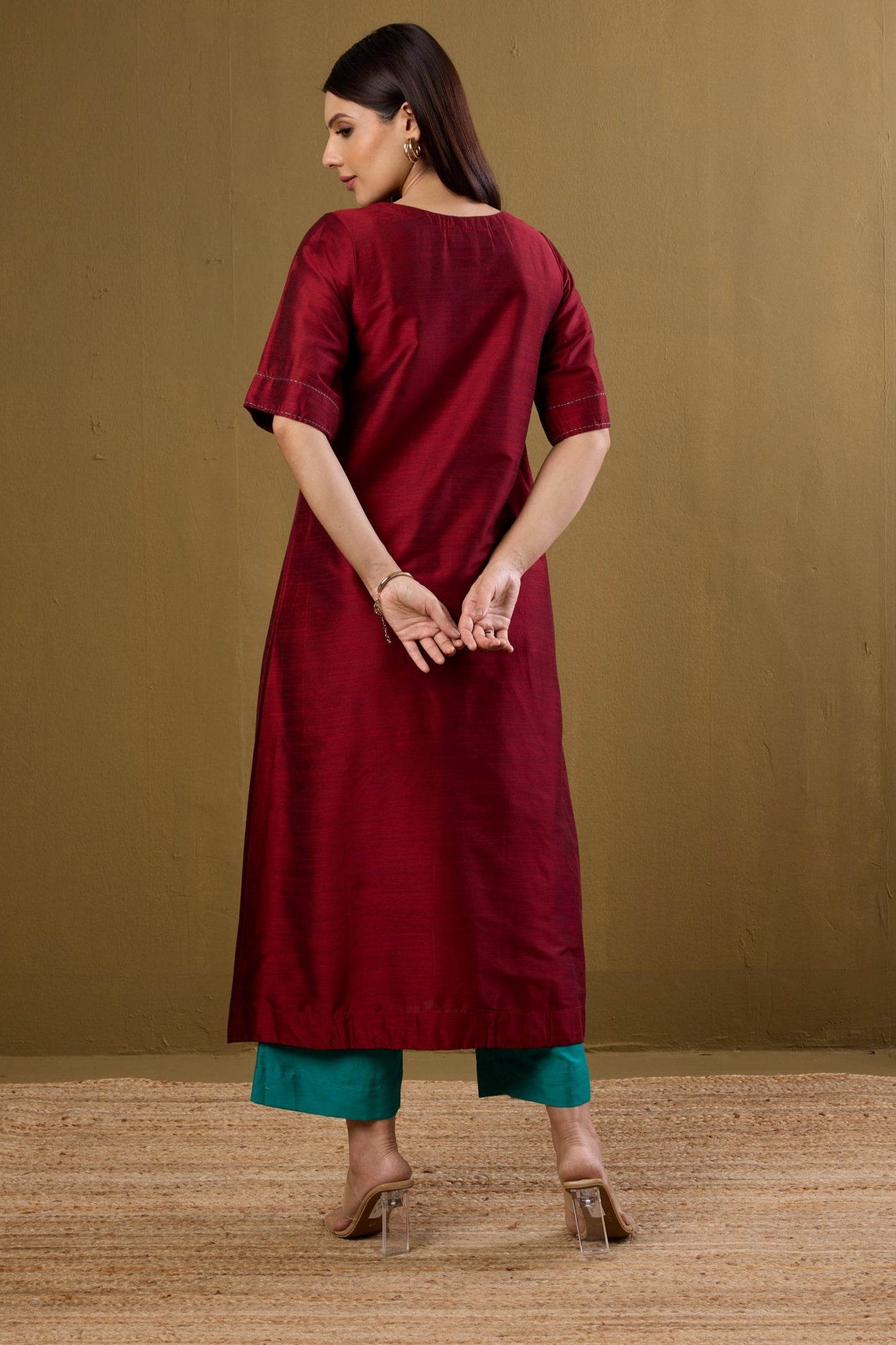 Maati Craft Co-ord Set Ceremonial Maroon Side Silk Slub Button Adjustable Slit Kurta & Pants