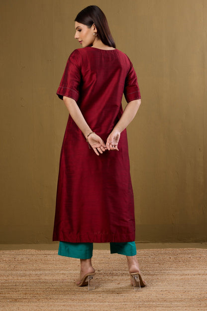 Maati Craft Co-ord Set Ceremonial Maroon Side Silk Slub Button Adjustable Slit Kurta & Pants
