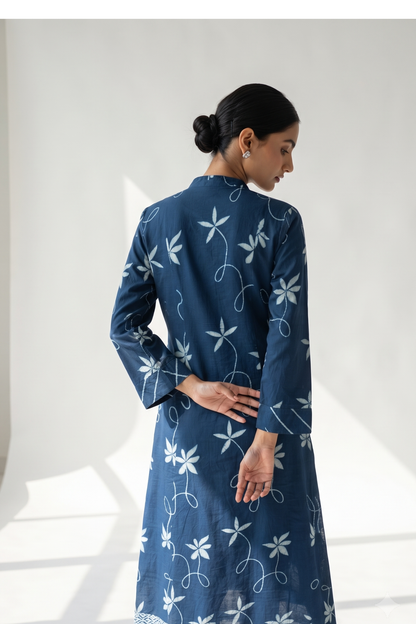 Indigo Vine Trail Cotton Long Button Down Dress