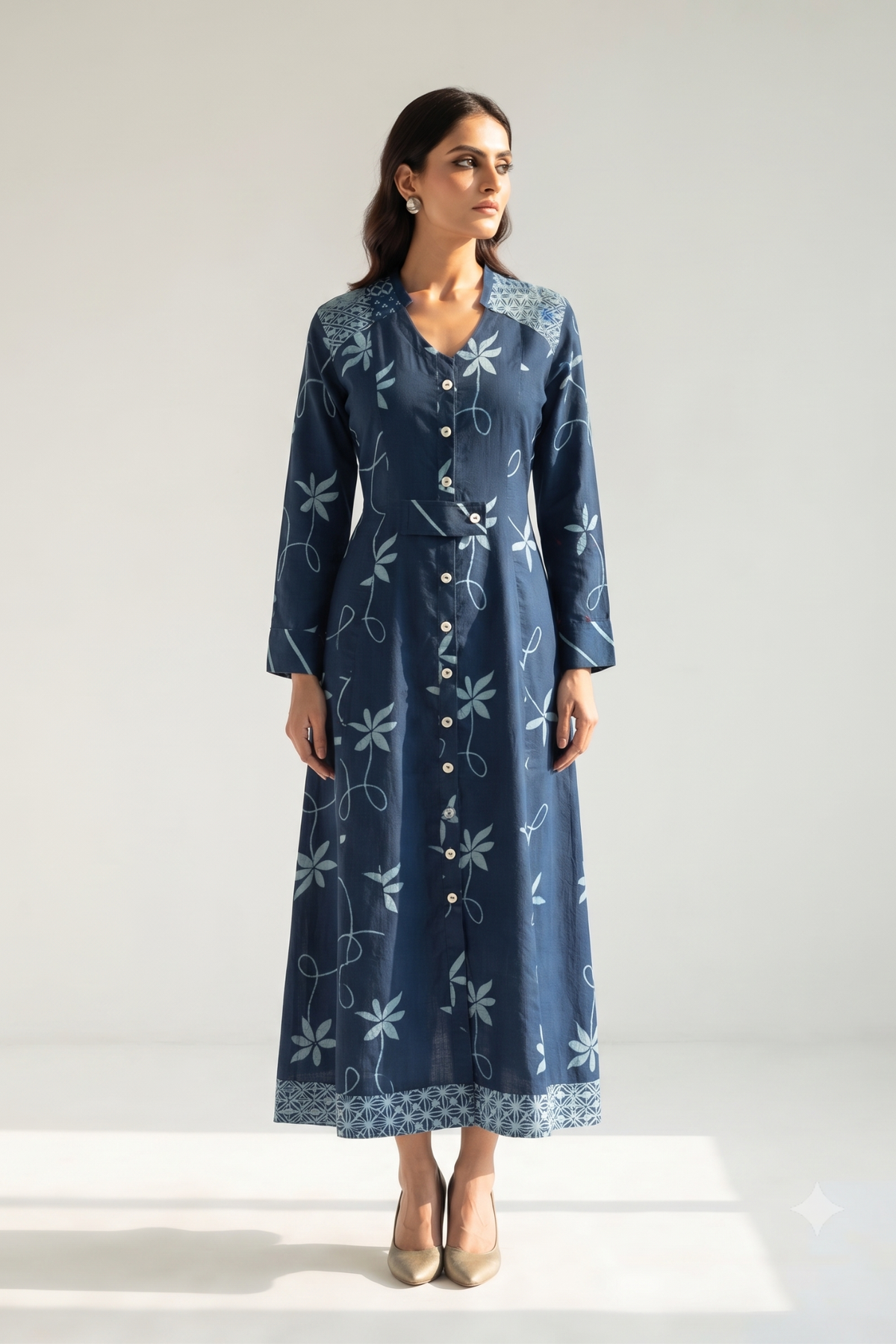Indigo Vine Trail Cotton Long Button Down Dress