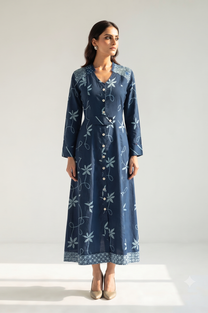 Indigo Vine Trail Cotton Long Button Down Dress