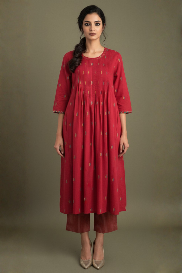 Red Petal Leaves Cotton Kurta With Pintuck