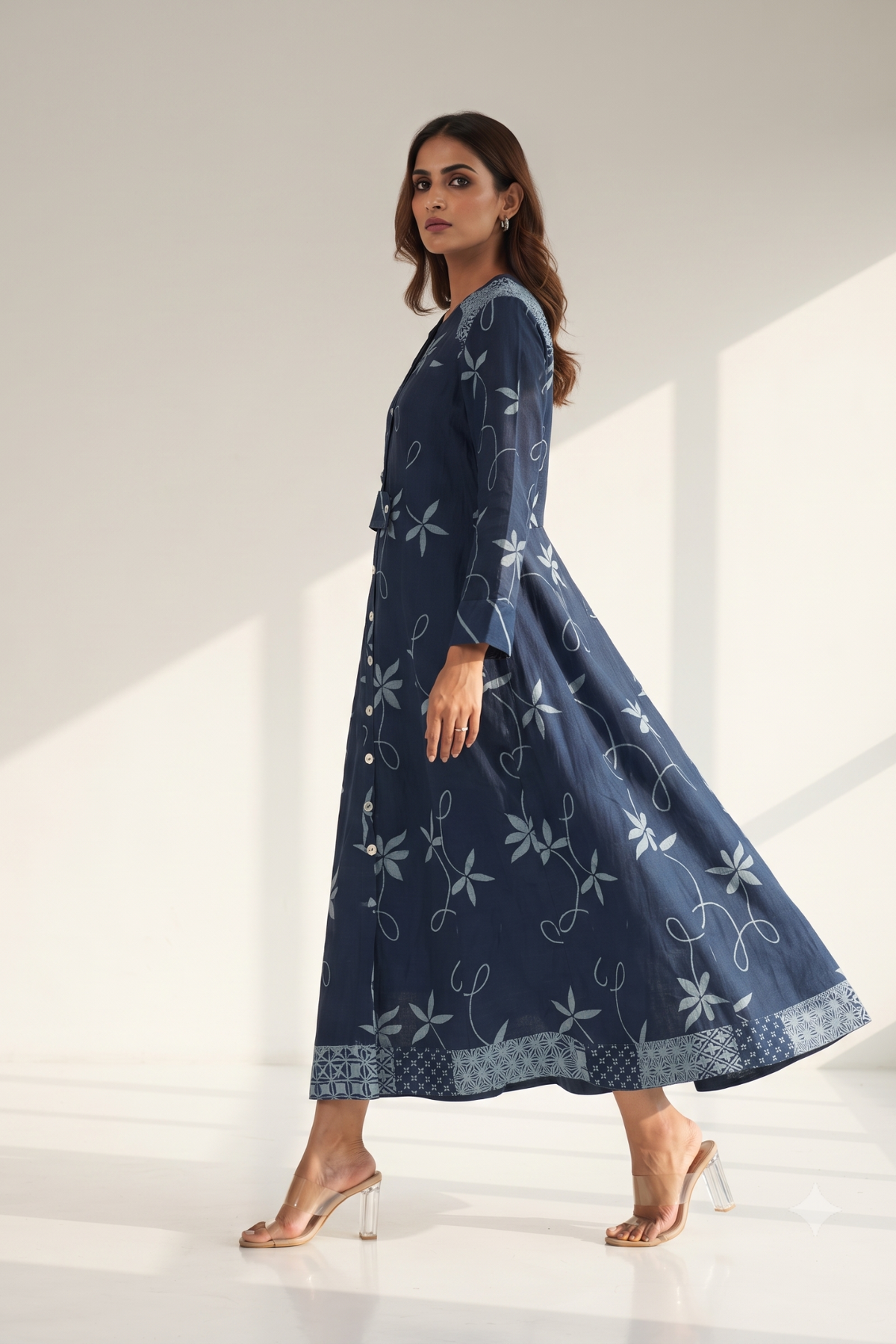 Indigo Vine Trail Cotton Long Button Down Dress